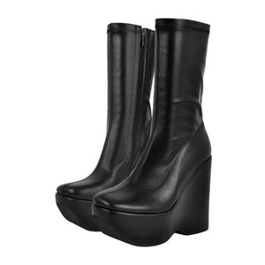 Only Maker Black Platform Zip Up Mid-Calf Boots